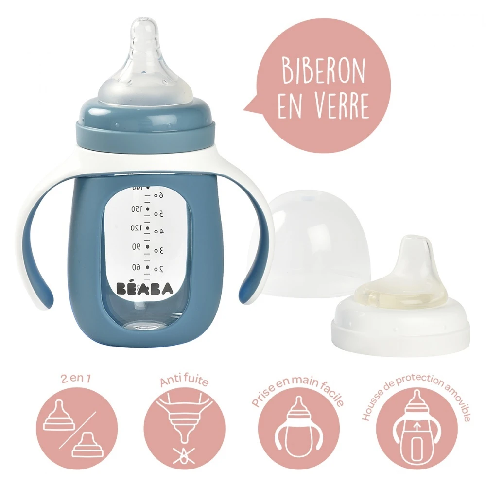 Beaba Biberon Verre D'apprentissage 2 En 1 210 Ml + Housse Silicone - Windy Blue 2 Beaba Biberon Verre D'apprentissage 2 En 1 210 Ml + Housse Silicone - Windy Blue – Image 2