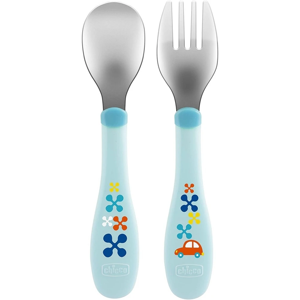 CHICCO Lot De 2 Couverts Inox 18m+ Bleu 1 CHICCO Lot De 2 Couverts Inox 18m+ Bleu