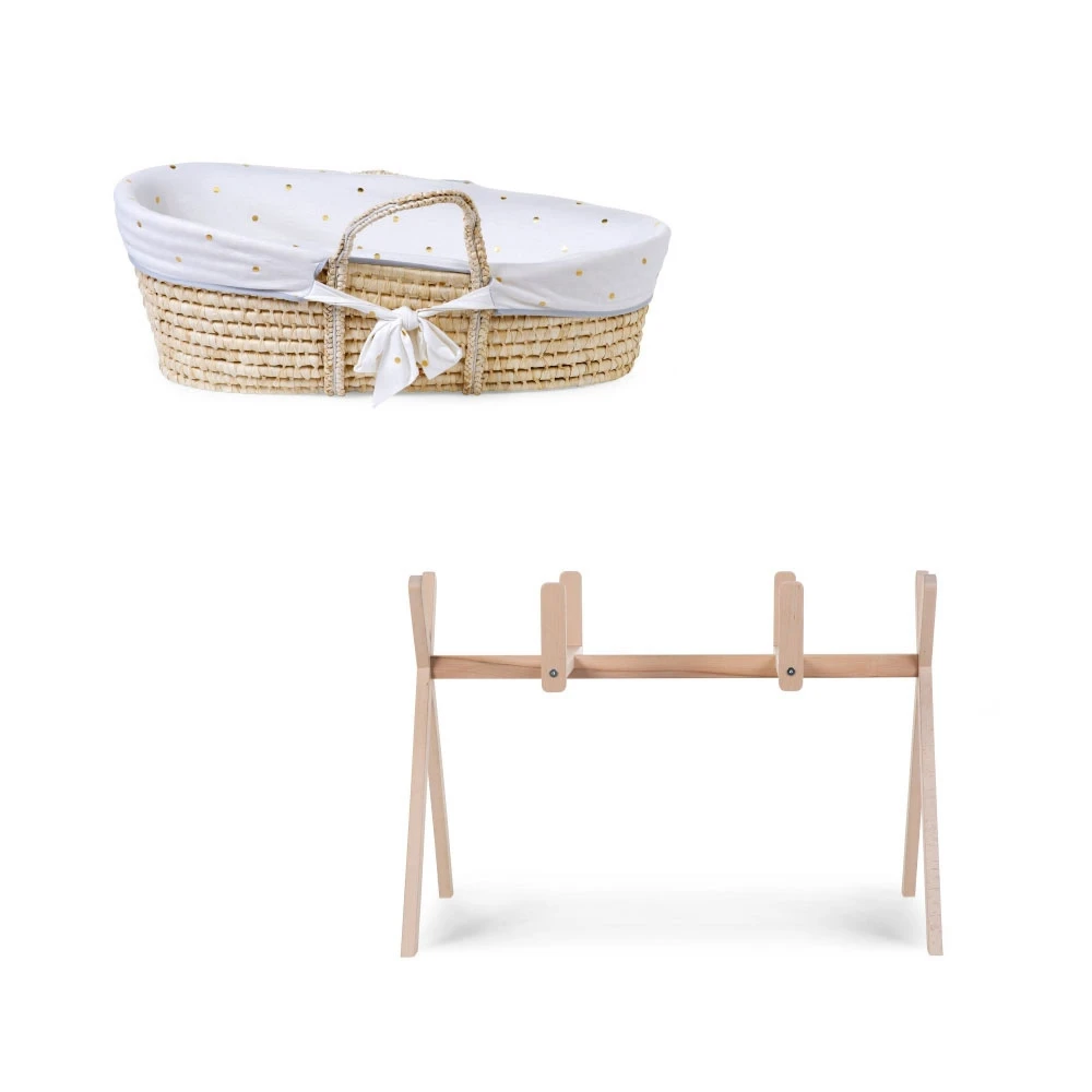 Childhome Couffin Panier Moise Natural + Matelas + Habillage Jersey Gold Dots + Support En Bois Naturel 1 Childhome Couffin Panier Moise Natural + Matelas + Habillage Jersey Gold Dots + Support En Bois Naturel