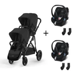 CYBEX Pack Jumeaux Poussette Double Gazelle S - Châssis Noir + Siège + 2 Aton 5 + 2 Lots D'adaptateurs - Moon Black
