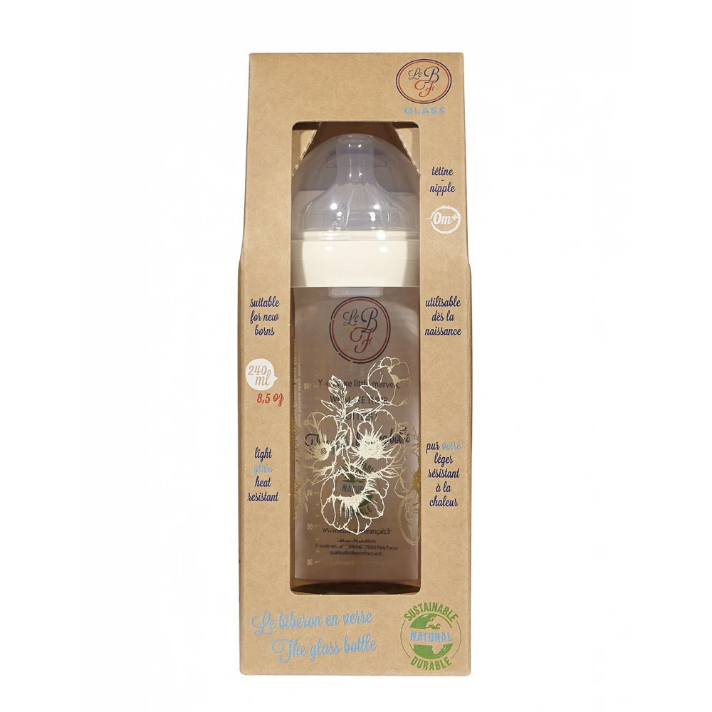 Biberon En Verre 240 Ml 0-6 Mois Fleur Blanche 2 Biberon En Verre 240 Ml 0-6 Mois Fleur Blanche – Image 2