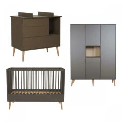 Chambre Trio Lit Bébé 70x140 Cm évolutif En Lit Enfant + Armoire Xl + Commode Avec Plan à Langer Cocoon Moss