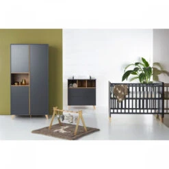 Chambre Trio Lit Bébé 60x120 Cm + Armoire + Commode Avec Plan à Langer Loft Anthracite