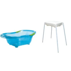 Pack Baignoire Bébé Avec Vidange Bleu Pailletée Translucide + Support De Baignoire Et Tuyau D'évacuation