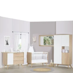 Chambre Bébé Trio Lit 60x120+commode+armoire Seventies Blanc Et Bois